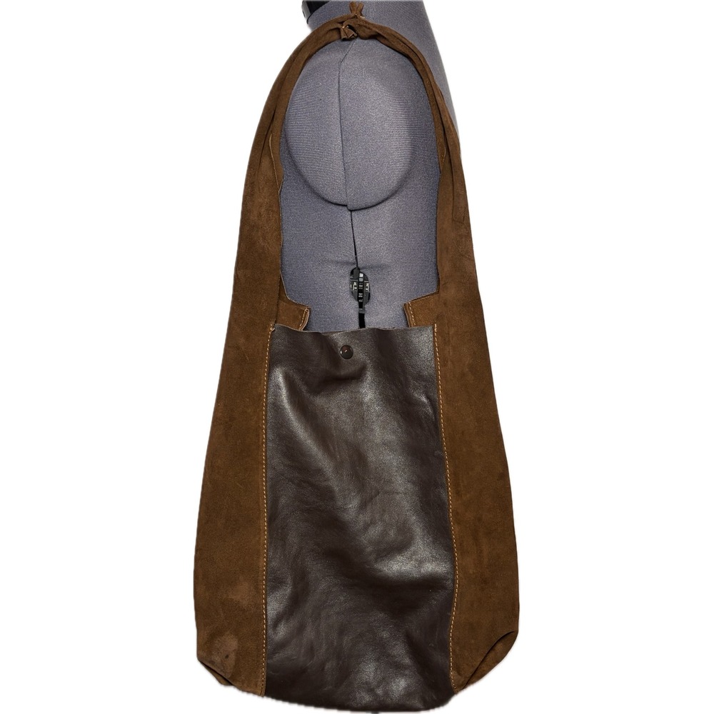 Brown Suede & Leather Tote Shoulder Bag‎ Slouchy Boho Two-Tone Snap STAINED